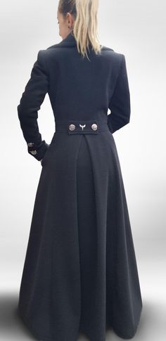 "Wool Coat Women, Black Victorian Coat, 70s Clothing Crafted in soft winter wool cashmere, this beautiful belted swing overcoat for women is an elegant cover-up this season. Cinched at the waist, this long winter coat will give any lady a stunning princess silhouette that is bound to turn heads! With this maxi satin-lined coat, cozy has never been so chic. 🌀 IMPORTANT: The hat is not included in the price of the coat but is also one of my designs, so if you are looking to complete your outfit, 70s Coats Women, Black Cashmere Coat, Floor Length Coat, Medieval Fair, Victorian Coat, Long Winter Coats Women, Gothic Coat, Long Jackets For Women, 70s Clothing