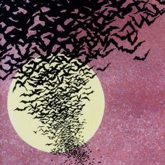 a large flock of bats flying in front of a full moon with pink and purple background