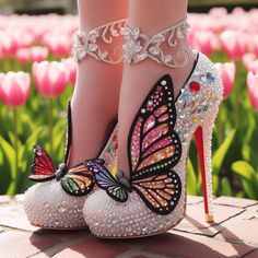 Made with AI @Copyright by អាណាចក្រសម្រស់ [[ Beauty Empire ]] 🇰🇭 Heels For Ladies, Disney Princess Shoes, Fantasy Shoes, Fairytale Shoes, Whimsical Shoes, Butterfly Heels, Glass Heels, Magic Shoes, Fancy Footwear