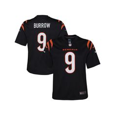 Let your youngster show off his team spirit with this Cincinnati Bengals Joe Burrow Game jersey from Nike!Let your youngster show off his team spirit with this Cincinnati Bengals Joe Burrow Game jersey from Nike!PRODUCT FEATURESShort sleeveMachine wash with garment inside out, tumble dry lowImportedJersey Color Style: TeamDri-FIT technology wicks away moistureOfficially licensedNike GameScreen print name, numbers and team detailsSide splits at hemSatin woven jock tagShort sleeveLoose fitMaterial Nike Team Spirit Jersey With Team Logo, Nike Jersey With Team Name For Fans, Nike Sports Season Jersey For Fans, Nike Sports Fan Jersey, Nike Sports Jersey For Sports Season, Nike Football Season Jersey With Team Logo, Nike Black Top For Game Day, Nike Black Tops For Game Day, Nike Football Season Jersey With Team Name