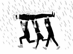 three people in the rain with their hands on each other's head and one person holding