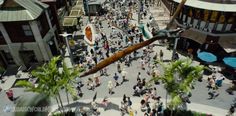 an aerial view of people walking down a street in a city with tall buildings and palm trees