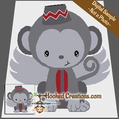 a cross stitch monkey with a red ribbon on it's head and an elephant in the background