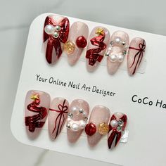 COCO press-on nails are reusable and easy to use, give yourself a perfect, non-damaging manicure in seconds for a fraction of the salon cost. Wear them for weeks straight or a few days at a time as you like. KEY FEATURES: - Handmade - Flexible and lightweight - Easy to apply and remove - Long-lasting - Multiple wears - Waterproof - No Fragrance - High Gloss Package includes a full set of press on nails (10 nails) Free Gift - Prep-Kit includes 24 adhesive tabs (1 sheet), cuticle wooden pusher, mi Christmas Bow, Christmas Packaging, Nails Gel, Christmas Bows, Gel Manicure, Fragrance Free, Christmas Nails, Fake Nails, Fragrance Free Products