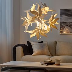 a living room with a couch, coffee table and lamp hanging from it's ceiling