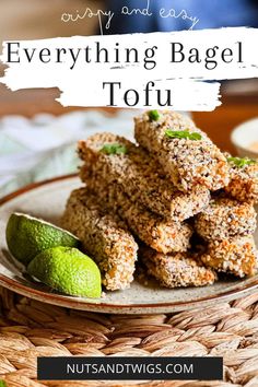 side view of a plate filled with stacked breaded tofu. Protein Snacks Savory, Snacks Savory, Vegan Protein Snacks, Everything Bagel Seasoning, Dried Fruit Snacks