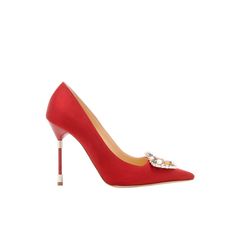 Red Satin Jewel Buckle Pumps Red satin sharp toe pumps featuring a tutti frutti crystal buckle and piercing high heel. Upper : 68% viscose, 32% silk. Sole : 100% cow leather. Lining : 100% kid leather. Heel measures 105 mm. Italian sizing. Made in Italy. Crocodile Leather, Red Satin, Shopper Bag, Perfume Collection, Mens Belts, Belts For Women, Clothes Collection, Jewelry Bags, High Jewelry