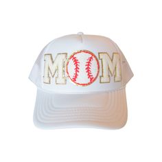 a baseball cap with the word mom written on it in gold and red letters,