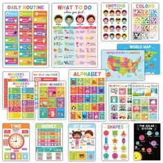 an assortment of posters and stickers for children's learning with the united states