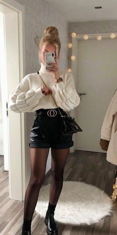 Paris Outfits, Casual Winter Outfits, Date Outfits, Leather Shorts