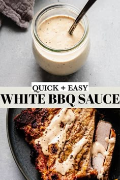 an image of white bbq sauce on a plate with meat and bread in the background