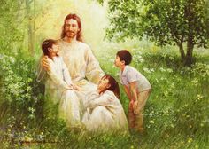 a painting of jesus surrounded by children in the grass with trees and bushes behind him