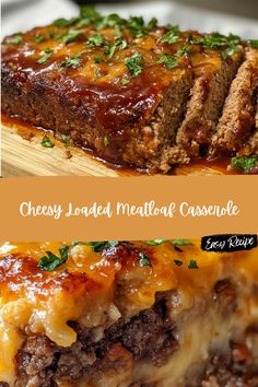 two pictures of meatloaf casserole with cheese and sauce on top, one is cut in half