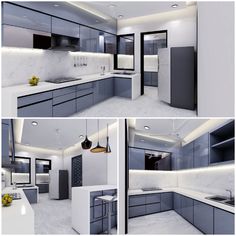 three pictures of a modern kitchen with marble counter tops