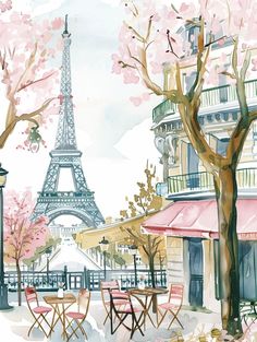 a painting of the eiffel tower in paris with pink flowers on trees and benches