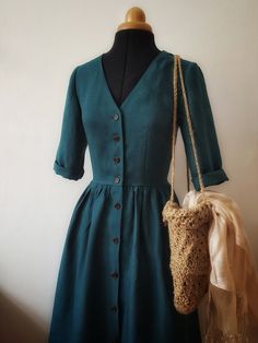 Dark Teal Dress Outfit, Handsewn Clothes, Teal Dress Outfit, Dark Teal Dress, Design Moda, Teal Dress, Vintage Inspired Dresses, Vestidos Vintage, Dark Teal