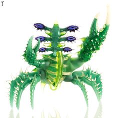 an alien like creature with blue eyes and green body, standing in front of a white background