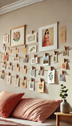 a bed with pink sheets and pictures hanging on the wall