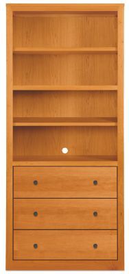 a wooden bookcase with drawers on one side and an open drawer on the other