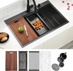 kitchen sink with cutting board, strainer and utensils