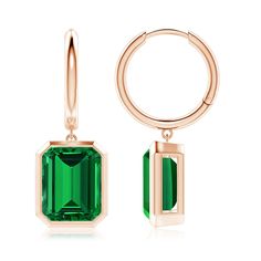 Elevate your style with these hoop drop earrings. The emerald-cut lab-grown emeralds are secured in bezel settings and captivate with their lush green hue. These 14k rose gold earrings are designed with hinged clip closures. Hoop Drop Earrings, Yellow Gold Earrings, Emerald Earrings, Rose Gold Earrings, Lush Green, Elevate Your Style, Bezel Setting, 18k Rose Gold, Emerald Cut