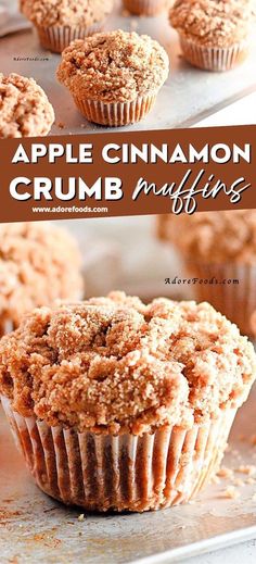 apple cinnamon crumb muffins on a baking sheet with the title above it