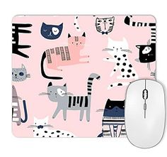 a pink mouse pad with cats on it and a cat pattern in the background, along with a computer mouse