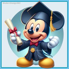 a cartoon mickey mouse holding a diploma and wearing a graduation cap with his arms in the air