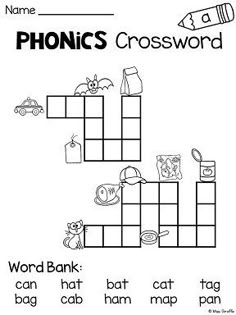 worksheet for the phonics crossword with pictures and words on it