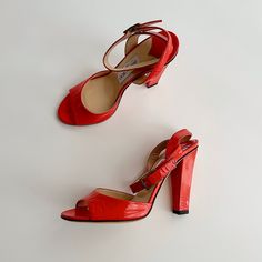 Jimmy Choo Patent Leather Strappy Heel Sandals Fun & Vibrate Red Orange Sandals With A Comfortable Heel Shoes Only, 100% Authentic Great Pre-Owned Condition: Never Worn, Please Note Creasing At Toe & Ankle Straps, Very Light Scuffs At Soles Size: Eu 35.5 (Approx Us Women’s 5-5.5) Approx 2.75” Insole Length Approx 8.8” Insole Width Color: Red Orange Details: O Round Open-Peep Toe O Wrap Around Ankle Strap With Buckle Closure O Padded Footbed O Approx. 4” Heel O Made In Italy Materials: Patent Lea Orange Details, Orange Sandals, Nice Sandals, Strappy Sandals Heels, Comfortable Heels, Jimmy Choo Shoes, Ankle Straps, Heel Shoes, Heel Sandals