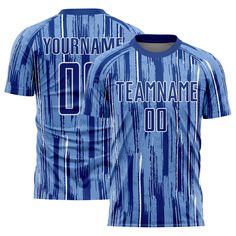 a blue baseball jersey with the name and number on it, that says teamname