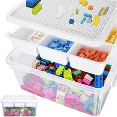 two plastic storage containers filled with legos and building blocks