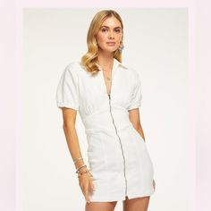 Brand New Strike Through Label From Store For Final Sale Size 25 Is Women’s Xs White Denim Dress, Pre Fall Fashion, Dress With Sleeves, Ramy Brook, Blouson Dress, Japanese Denim, Denim Mini Dress, Silk Mini Dress, Metallic Dress