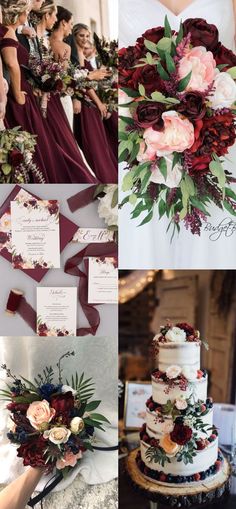 a collage of photos showing different types of flowers and wedding cake with red ribbons