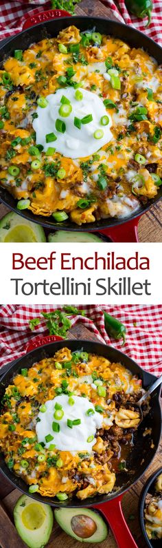 two skillets filled with beef enchilada tortilla skillet and topped with sour cream