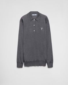 Slate Gray Long-sleeved silk polo shirt | PRADA Re Edition Prada, Knit Polo Shirt, Mens Travel Bag, Denim T Shirt, Jogging Suit, Silk Knit, Slate Gray, Lacing Sneakers, Polo Shirt Women