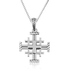 * Sterling silver Jerusalem cross pendant * Exquisite attention to every detail * The symbolism of the five-fold cross is variously given as the Five Wounds of Christ, Christ and the four evangelists, or Christ and the four quarters of the world * These flawlessly hand-made pendants are directly from the land Jesus was conceived, served and set out His life. * Engraved in English: Jerusalem * Designed by Marina Meiri; made in the Holy Land. * For God so loved the world, that he gave his only beg Symbolic White Gold Cross Pendant Jewelry, Silver Crucifix Symbolic Necklace, Symbolic Sterling Silver Cross Pendant, Symbolic Silver Cross Necklace, Symbolic Sterling Silver Cross Pendant Jewelry, Sterling Silver Cross Pendant Symbolic Jewelry, Sterling Silver Cross Necklace Hallmarked, Sterling Silver Cross Necklace, Hallmarked, Symbolic White Gold Cross Necklace