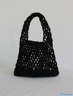 OrcaJump - Korean Ins Beach Bag Weaving Macaron Cotton Rope Handbag Hand-Dug Outdoor Trade Supply Straw Bag Black Rectangular Bucket Bag For Vacation, Black Crochet Pouch Bag For Travel, Black Bucket Bag For Vacation, Travel Crochet Pouch Bag With Top Handle, Travel Crochet Pouch Bag With Top Carry Handle, Black Square Crochet Bag With Handles, Black Square Crochet Bag For Shopping, Black Crochet Shoulder Bag With Handles, Black Crochet Pouch Bag For Everyday