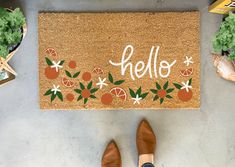 Oranges Outdoor Doormat Apartment Door Mat Ideas, Custom Welcome Mat, Front Doormat Ideas, Door Mat Painting, Painted Door Mat Ideas, Welcome Home Newlyweds, Doormat Painting Ideas, Door Mat Painting Diy, Fall Doormat Ideas