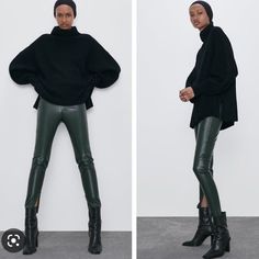 Faux Leather Deep Green. Ankle Zippers For Easy On And Off. Never Worn! Front Zipper And Button Green Leather Leggings Outfit, Zara Stretch Leather Pants For Fall, Zara Leather Pants For Winter Workwear, Green Faux Leather Pants Outfit, Green Leather Pants Outfit, Leather Leggings Outfit Winter, Green Leggings Outfit, Leather Leggings Casual, Green Leather Pants