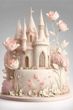 a white cake with pink flowers and a castle in the middle on top of it