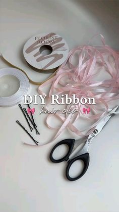 scissors, ribbon and other crafting supplies on a white surface with the words diy ribbon next to it