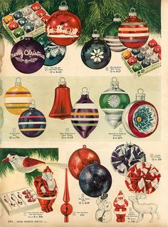 an advertisement for christmas ornaments from the 1950's, featuring different designs and colors