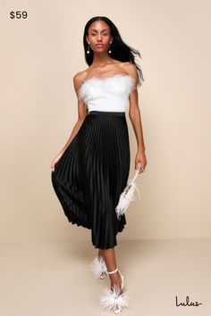 Turn any day into a chic day with the Lulus Fashionable Babe Black Satin Pleated Midi Skirt! Sleek and satin-y woven fabric falls from a fitted high waist into a twirly, pleated midi skirt. Pair with a well-loved graphic tee and slides for a casual-chic vibe, or a button-up blouse for a more polished look! Hidden side seam zipper/clasp. Fit: This garment fits true to size. Length: Mid-calf length. Size medium measures 33.5" from waist to hem. Waist: Fitted - very fitted at natural waist. Hip: No Nye Skirts, Black Satin Skirt, Lulu Fashion, Satin Midi Skirt, Satin Skirt, Beautiful Skirts, Pleated Midi Skirt, Bottom Clothes, Black Crop Tops