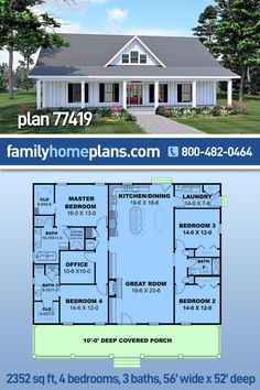 two story house plan with 3 beds and 2 baths, in the middle of a large yard