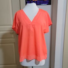 Nwot Soft Bright Orange Blouse From Dkny. Has A V-Neckline With An Underlying Sheer Chiffon Trim. Vented Hem With Small Slits On Each Side And Sheer Chiffon Trim. In Excellent Condition. Size Large Sheer V-neck Blouse For Work, Sheer V-neck Summer Blouse, Summer Orange V-neck Blouse, Pink Sheer V-neck Top, Flowy Orange V-neck Blouse, Orange Stretch V-neck Top, Orange Blouse, Hem Top, Sheer Chiffon