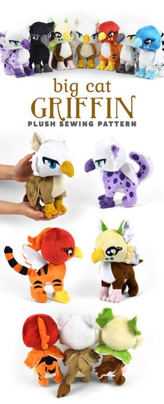 the big cat griffin plush sewing pattern is shown in several different colors and sizes, including one