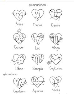 the zodiac signs and their meaningss are outlined in black on a white paper background