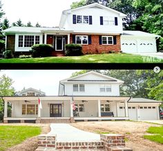 before and after pictures of a house with white siding, red brick accents and black shutters