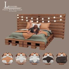 the bed is made out of wooden pallets and has pillows on top of it